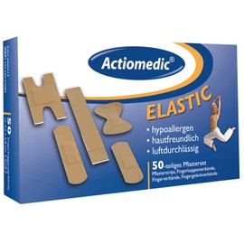 ACTIOMEDIC Elastic Plaster Set, Specially Shaped & Hypoallergenic Plasters, Skin-Friendly Plasters, Ideal for Leisure and Work, ISO Certified Production, Pack of 50