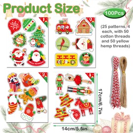 100 Pcs Christmas Labels, 25 Pattern Styles Christmas Tags for Presents, with 50pcs Cotton String and 50pcs Jute String, Xmas Gift Tags for Decorating Christmas Trees Or Gift Packaging