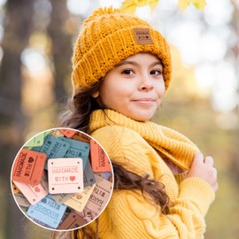 Handmade Leather Labels, Pack of 60 PU Leather Labels, Handmade Labels for Sewing, Sewing Labels with Holes, Clothes Labels, Embossed Tag for Knitting and Crochet Decoration, DIY, 15 Colours