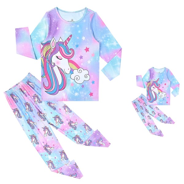Rainbow Unicorn Pjs for Girls Matching 18-inch Dolls Cotton Pjs