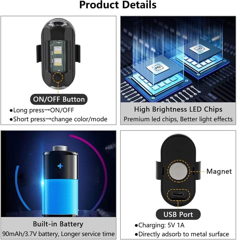 Mini Luces Estrobo,Luz Estroboscópica Led,Luces LED estroboscópicas anticolisión de 7