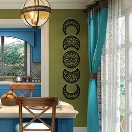 Moon Wall Decoration, Moon Phase Wall Art Decoration Hanging (5 Pieces) Nordic Wood Moon Appearance Natural Design Moon Interior, Boho Bedroom Decor Home Wall Decor (Black)