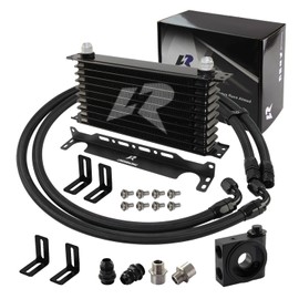 Universal Engine Transmission Aluminum AN10 10 Row Oil cooler Kit with Bracket +Adapter Hose Kit 3/4x16 & M20x1.5(Black, 10 Row)