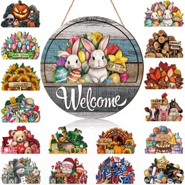 Yousoontic 17 Pcs 12 Inch Magnetic Welcome Door Sign Interchangeable Easter Front Door Decorations Spring Seasonal and Festive Signs for Women Gift Home Round Decor (Retro Color)