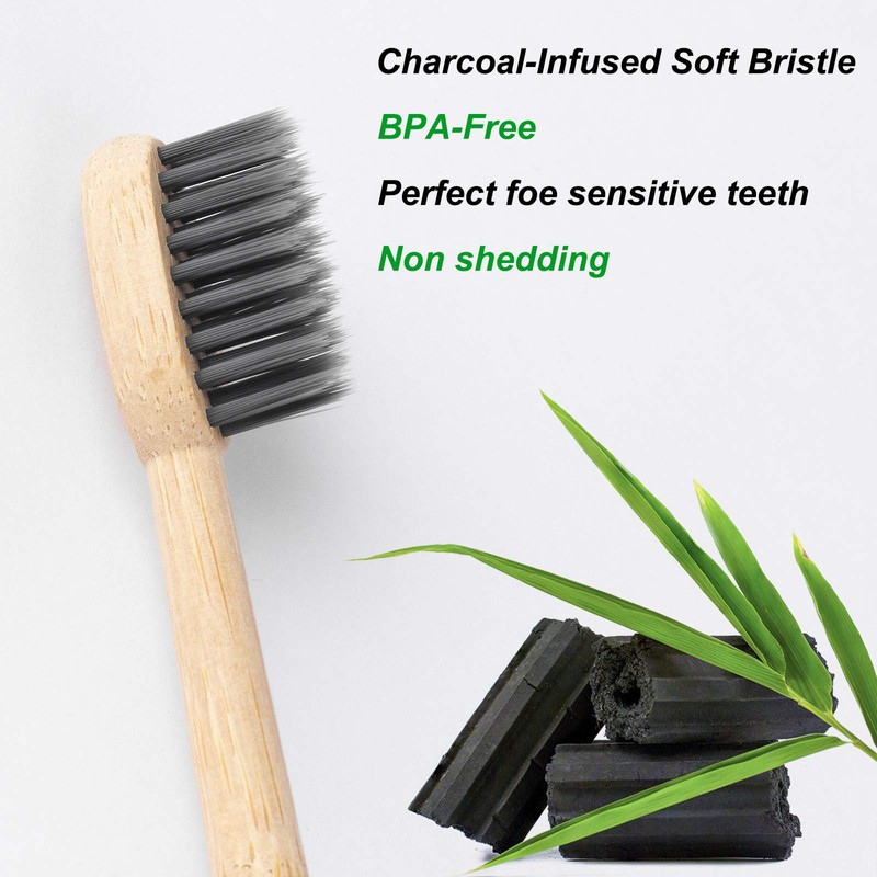 NUDUKO Biodegradable Charcoal Toothbrush Bamboo Toothbrushes - 6 Pack Eco-Friendly,