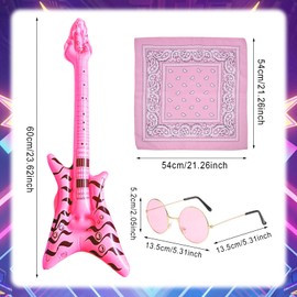 TUONYIS 6 Pcs Pink Rockstar Fancy Dress,Rockstar Fancy Dress Punk Accessories,Rock Star Accessories with Sunglasses Bandana Bracelet Mask Inflatable Guitar 80s Party for Men Women (Pink)