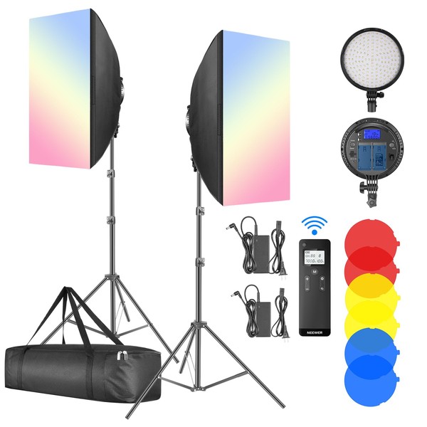 NEEWER LED Softbox Lighting Kit with 2.4G Remote, 2 Pack 48W Bi Color Continuous Photography Light 2900K-7000K, Color Filters/Stands/NP-F Battery Holder for Outdoor Video Recording, NW48 II