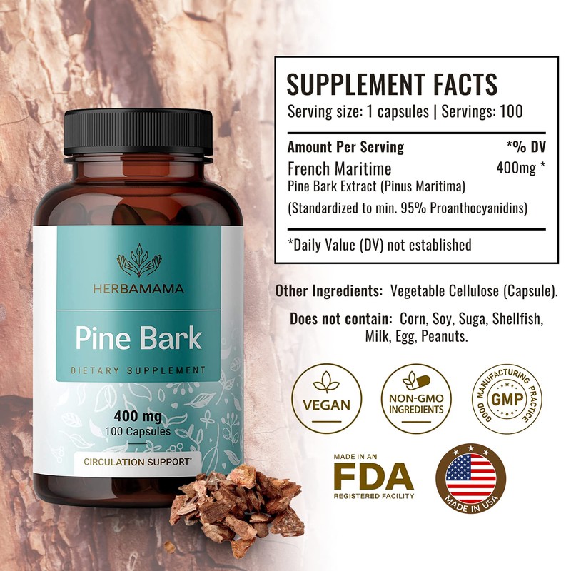 HERBAMAMA Pine Bark Extract Capsules - French Maritime Pine Bark