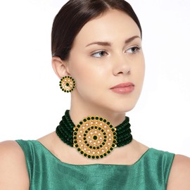 I Jewels 18K Gold Plated Indian Light Weight Beaded Choker Set Glided With Moti Work, Gold Plated