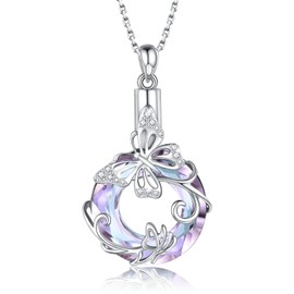 925 Sterling Silver Butterfly Hummingbird Rose Tree of Life Urn Necklace for Ashes Crystal Cremation Pendant Memorial Jewelry for Women (Butterfly-2)