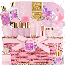 35 piezas de regalo de Navidad para mujeres, cesta de regalo de baño y cuerpo de rosas, set de cuidado facial, kit de autocuidado y mimos, mascarilla de hojas para la cara, pack de spa en casa