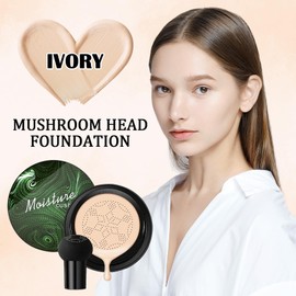 Mushroom Head Air Cushion CC Cream,Full Coverage Mushroom Head Liquid Foundation BB Cream Face Makeup,Oil Control Long Lasting Moisturizing Matte Concealer,Even Skin Tone（Ivory）