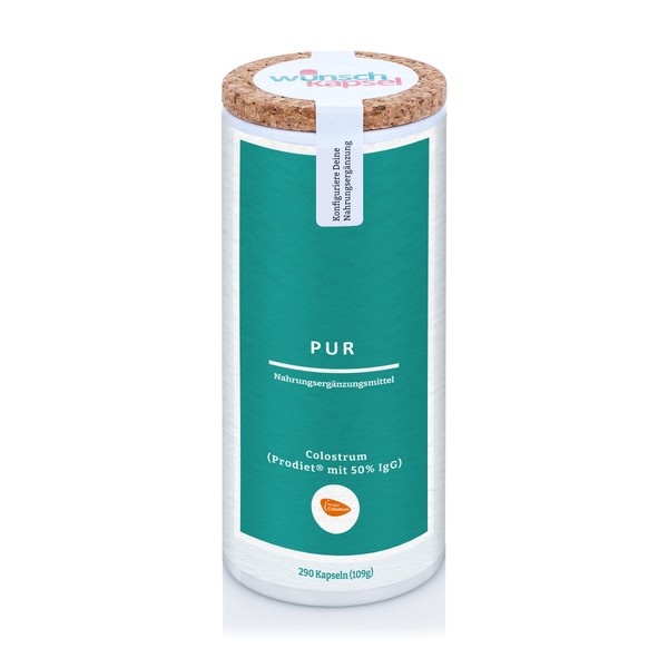 Colostrum Pur (min. 400 mg immunoglobuline type G daily), contains at least 50% IGG. For immune system and digestion. 290 capsules, handmade in the German wish capsule manufacture