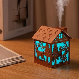 Wooden House Mini Humidifier 240mL Cool Mist Humidifier, USB Powered, Auto Shut-Off, Perfect for Bedroom, Office (Light)