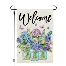 CROWNED BEAUTY Spring Garden Flag Hydrangea Mason Jars Double Sided 12x18 Inches Small Burlap Welcome Holiday Seasonal Yard Decoration for Outside Porch CF1759-12
