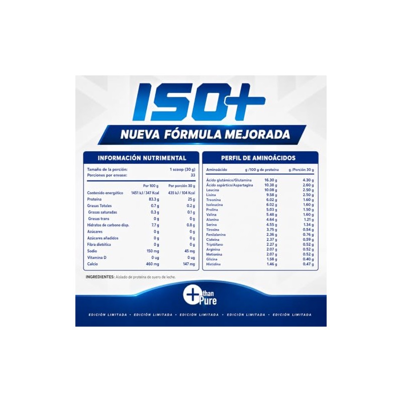 Proteína ISO+ Sin Sabor, 100% Aislado de Proteína de Suero