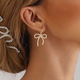 Atentuyi Crystal Bow Drop Hoop Earrings Gold Rhinestone Bow Huggie Earrings Wedding Sparkly Diamond Bridal Earrings Cz Ribbon Bowknot Dangle Earrings Jewelry for Women and Girls