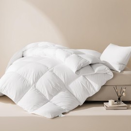 LeWinBedding Luxury Goose Feathers Down Comforter Twin Size,All Season Fluffy Duvet Insert,750 Fill Power Hotel Quality Bed Comforter with 8 Tabs(White,68x90 inches)