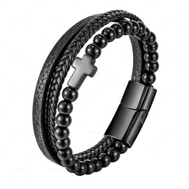 Cupimatch Cross Men's Leather Bracelet: Multilayer Braided Leather Bracelet Stainless Steel Cross Cuff Beads Jewellery Gift for Valentine's Day Christmas Birthday Anniversary, Leather, No Gemstone