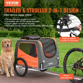 VEVOR Dog Bike Trailer, Up to 66 lbs, 2-in-1 Pet Stroller Cart Bicycle Trailer - 66 lbs