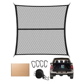 FoundGo 120x120cm Single Layer Elastic Cargo Net Stretches to 210x210cm Truck Bed Net Luggage Net for Truck Motorhome Van Pickup incl.4x Steel Carabiners + 4x ABS Hooks + 2x straps
