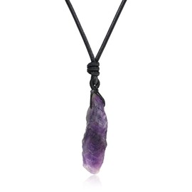 COAI Unisex Leather Necklace with Raw Gemstone Pendant, Leather amethyst Leather, Amethyst