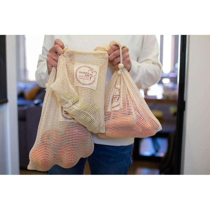 EarthForAll Organic Cotton Mesh Bags Pack of 3 Cream Utility,