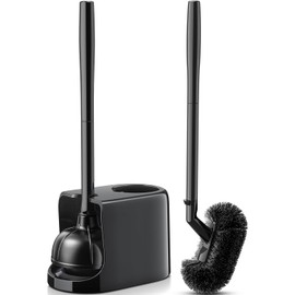 HAMITOR Toilet Plunger Bowl Brush Set: Curved Bristle with Holder for Deep Cleaning Under Rim - Heavy Duty Plunger Scrubber Combo with Ventilated Holder - Bathroom Accessories for Small Space - Black