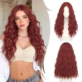RUWISS Long Wavy Wigs for Women, 23 Inch Lace Front Brick Red Curly Wig
