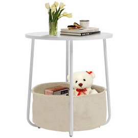 FurnitureR Round Side End Table with Fabric Basket Storage, Modern Compact Nightstand Bedside Table, Metal Frame, Ideal for Sofa Couch and Bed, Easy Assembly, White/Camel