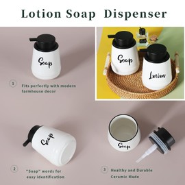 LEETOYI Farmhouse Ceramic Soap and Lotion Dispenser Set with Pump 14oz for Bathroom (White)