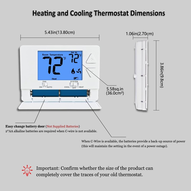 NonProgrammable Thermostat for House, Digital Energy-Saving Thermostat,Single-Stage Systems, 1 Heat/1