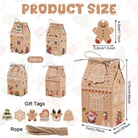 LOMIMOS 24 Pcs Small Christmas Treat Boxes,Mini Kraft Gingerbread House Boxes Christmas Candy Goodie Bags with Gift Tags for Xmas Party Favors Gifts Wrapping Classroom Prizes Stocking Stuffers