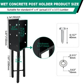 VoTwoofv U-Shape Wet Concrete Post Holder for 4"x4" (Actual 3.5"x3.5") Lumber,Heavy Duty Post Bracket Anchor for Wood Fence,Railing,Pergola (1pack-Matte Black)…