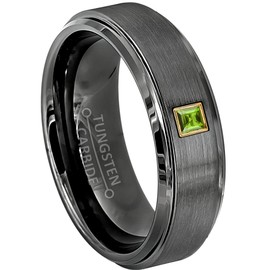 6mm Brushed Gunmetal Tungsten Carbide Wedding Band with 0.05ctw Princess Cut Peridot Tungsten Ring - Comfort Fit Tungsten Anniversary Ring - RG Bezel