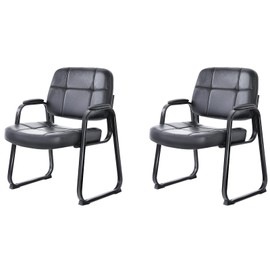CLATINA Big and Tall 400 lbs Office Guest Chair with Sled Base, Leather Waiting Room Reception Chair No Wheels with Padded Arms for Elderly Home Meeting Conference Room Lobby Side Salon, Black 2 PK