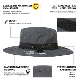 TOP-EX XL/XXL Wide Brim Sun Hat Unisex UPF 50 Waterproof Adjustable Breathable Outdoor Adventure Hiking Fishing Safari Easy Packable, 89026_dark grey, XL - XXL