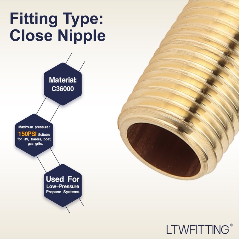 LTWFITTING Brass Pipe Close Nipple Fitting 1/4" Male NPT x