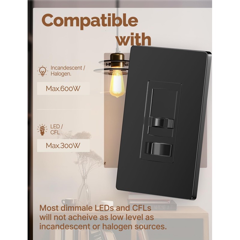 MOES Black Dimmer Light Switches 10pcs, 3 Way & Single