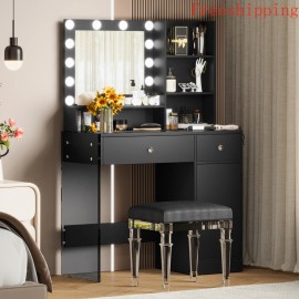 Vanity Desk with Mirror and 3 Lighting Modes, Makeup Vanity with Glass Top and Storage Shelves, Dressing Table with 2 Drawerscolor: Black, size: 35.4*15.7*53.9(in)
