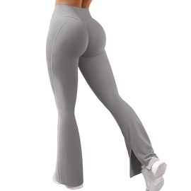 VOYJOY Womens Split Hem Legging Workout High Waist Mini Flared Leggings Casual Workout Gym Yoga Pants Light Grey