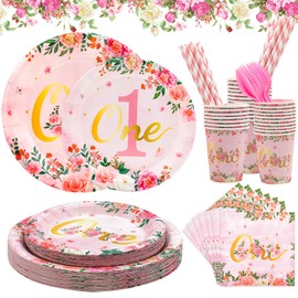 GOTFUN 1st Birthday Decorations Girl Plates Set for 24 Guests, 144 Pcs Pink Flowers Party Tableware Set, Table Decoration Supplies Includes Plates Napkins Forks Cups Dessert Plates Straws