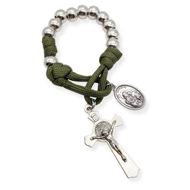 Nazareth Store Olive Military One Decade Paracord Rosary Silver Beads Pocket Car Rosary Pray For Us St. Joseph Medal & St. Benedict Cross, S, Stone, glass
