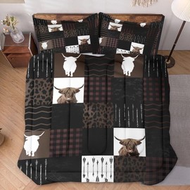 WeCozy Queen Size Comforter Set with 2 Pillowcases, Vintage Print Brown Farm 3 Pcs Bedding for Kids and Adults, Highland Cow Animal Soft Comforter Set for Bedroom Bed Decor