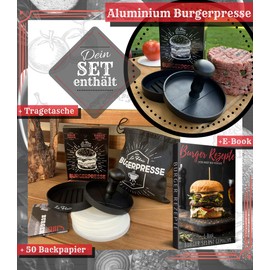 Le Flair® Aluminium Burger Press Made of High-quality Aluminium - Hamburger Press With Storage Bag - Burger Patty Press Incl. 50 Sheets of Baking Paper, Perfect Barbecue Accessory Gift for Men, Black