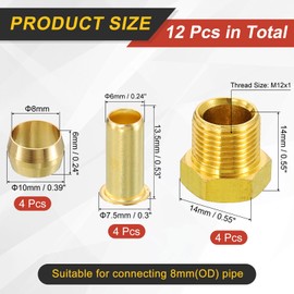 uxcell 4 Set Fit for 8mm Tube Brass Compression Assortment Kit, Sleeve Ferrule & Nut Kit & Insert Tube Fittings for Water Oil Air Pipe