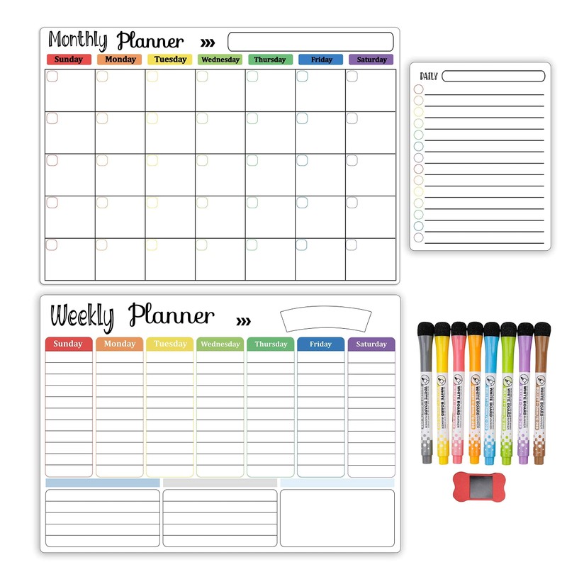 Hivillexun Magnetic Dry Erase Calendar Whiteboard Set (3-Pack) for Fridge,