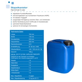 plasteo® 10 x 5 Litre Canister with Safety Lock (DIN 51) Canister Key DUO 51/61 Food Safe Portable Stackable and Stable Heavy Quality Indoor Outdoor BPA Free Blue