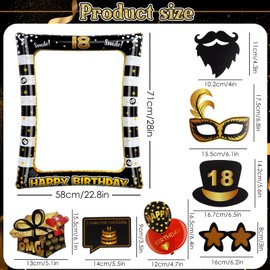 AIBAOBAO 18th Birthday Photo Box Accessories, Pack of 34 Photo Props and Inflatable Photo Frame, Black Gold, 18th Birthday Decoration, Photo Booth for 18 Girls Boys Birthday Party Decoration