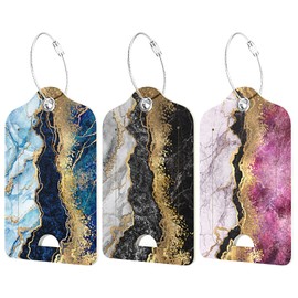 Rimilak 3 Pcs PU Leather Luggage Tags for Suitcase, Travel Cruise Luggage Tag with Privacy Flap, Name ID Label and Metal Loop for Women Men Baggage Handbag School Bag Backpack, Flow Marble